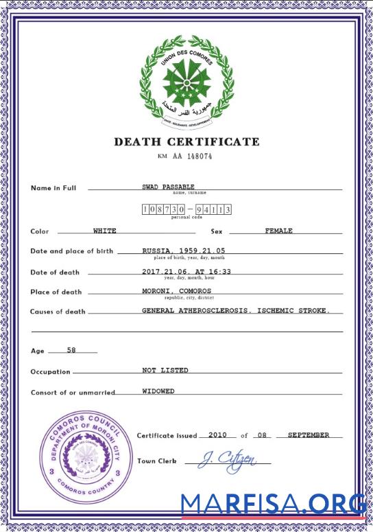 Printable Comoros death certificate PSD template